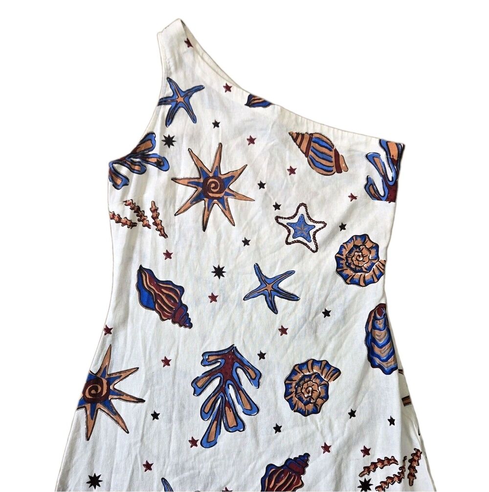 C&C California One Shoulder Linen Blend Coastal Shift Dress White S - Picture 3 of 12